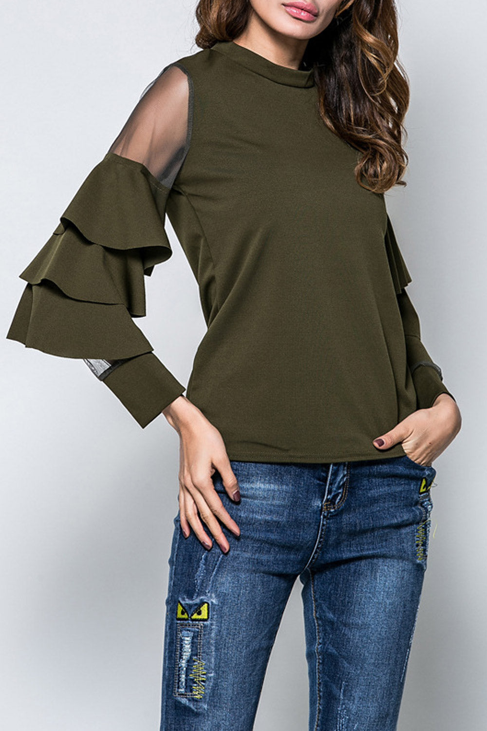 Women Slim Long Tumpet Sleeve Casual Top