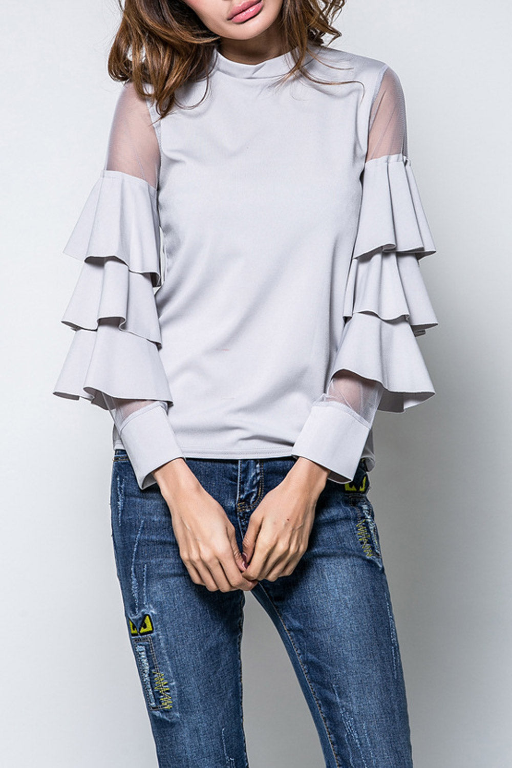 Women Slim Long Tumpet Sleeve Casual Top