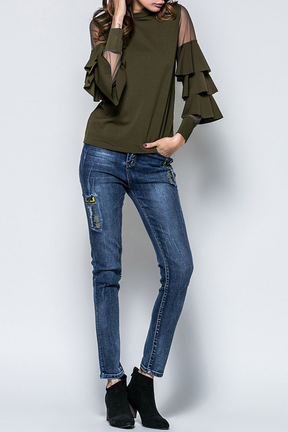 Women Slim Long Tumpet Sleeve Casual Top