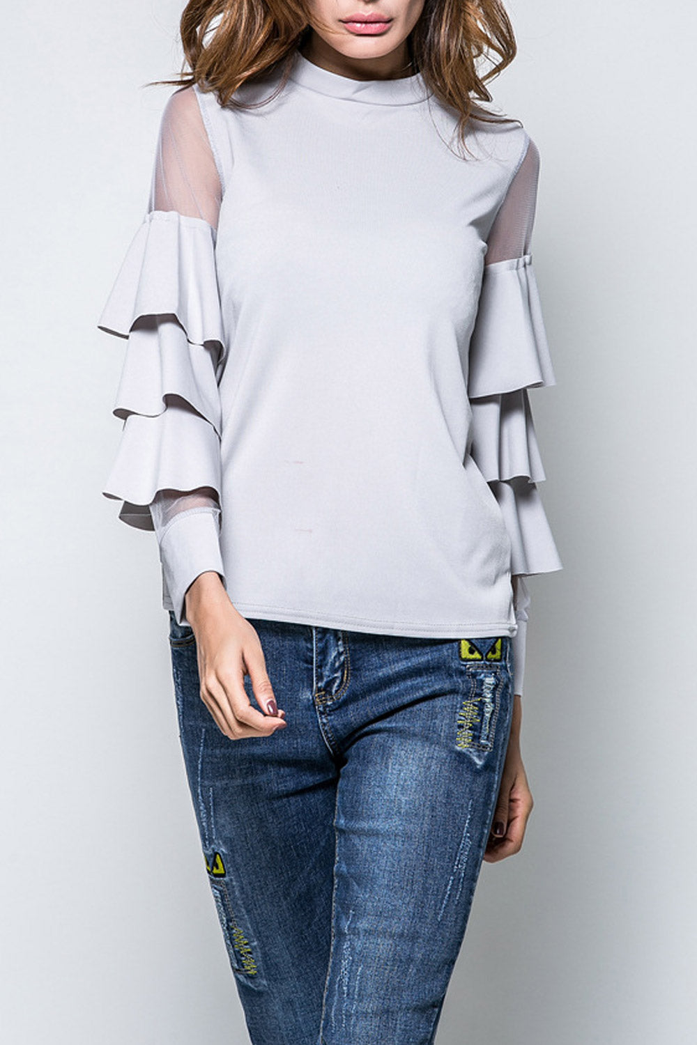Women Slim Long Tumpet Sleeve Casual Top
