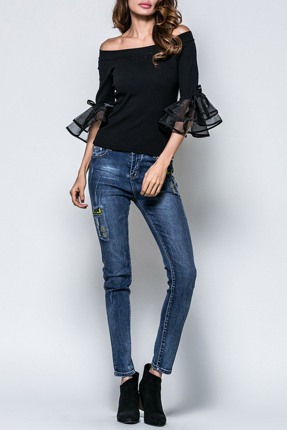 Women Off Neck Solid Pattern Fashion Top