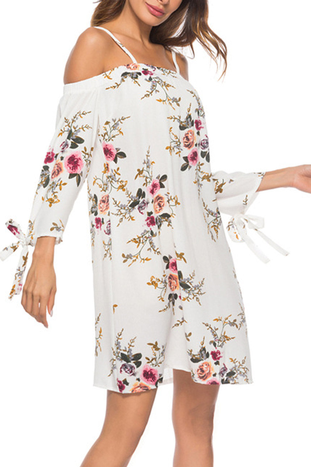 Women Cold Shoulder Tie Sleeve Flower Top