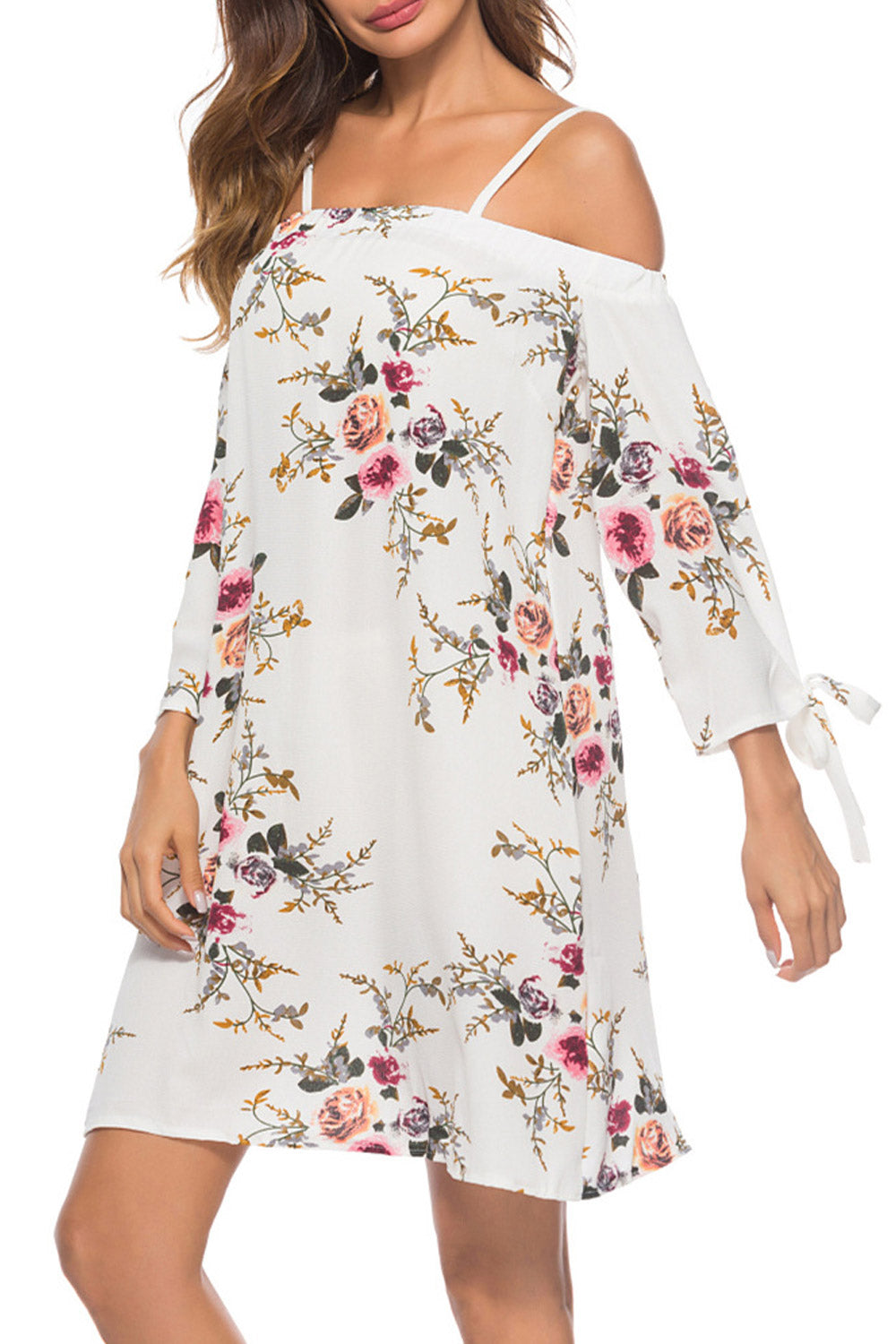 Women Cold Shoulder Tie Sleeve Flower Top