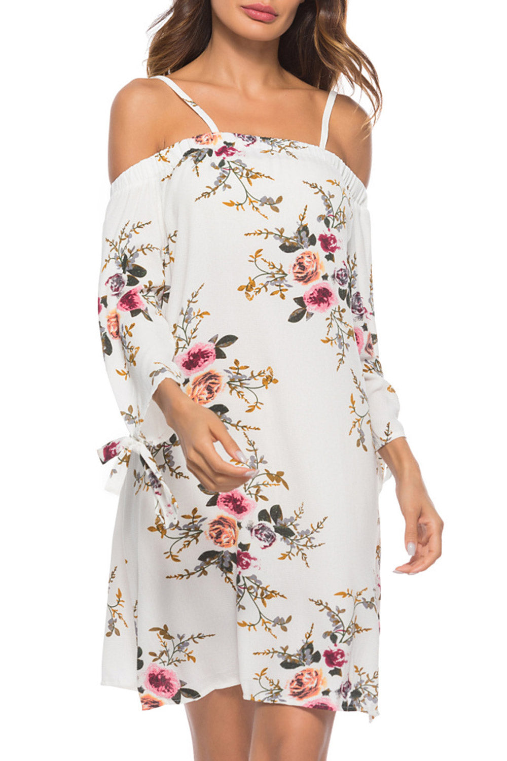 Women Cold Shoulder Tie Sleeve Flower Top