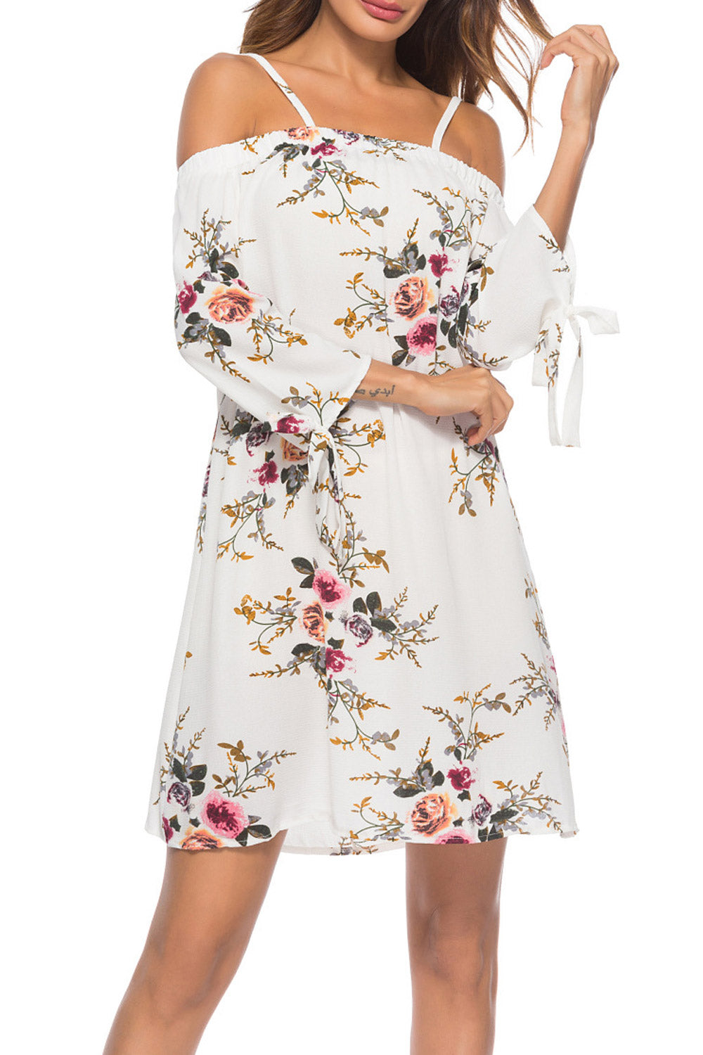Women Cold Shoulder Tie Sleeve Flower Top