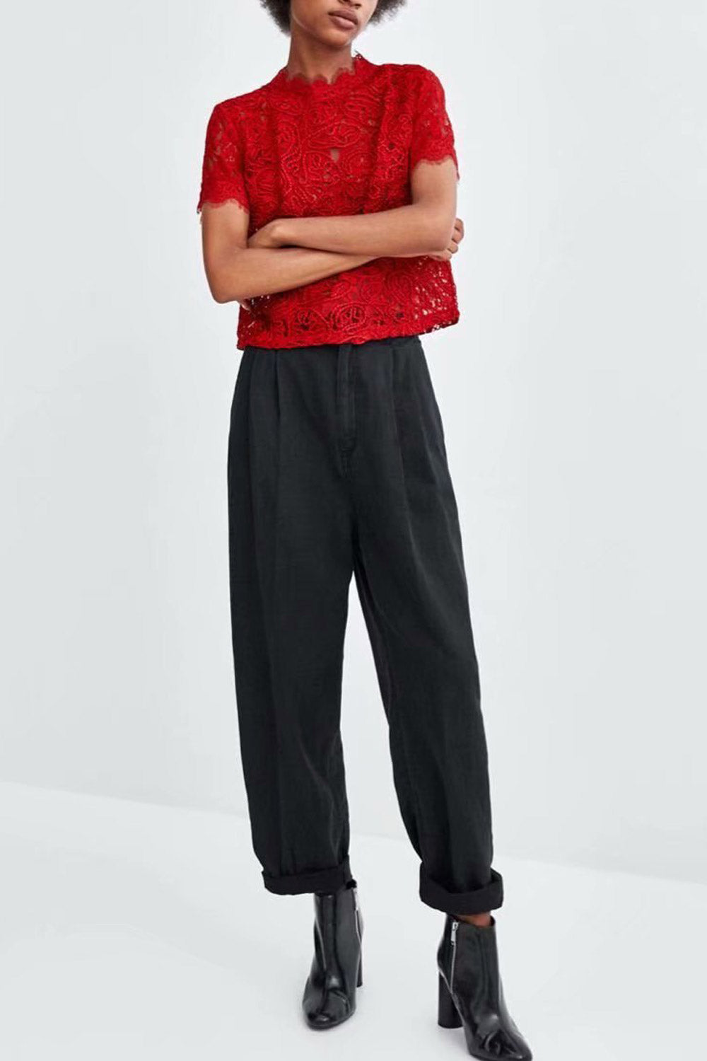 Women Loose Small Sleeve Solid Lace Shirt