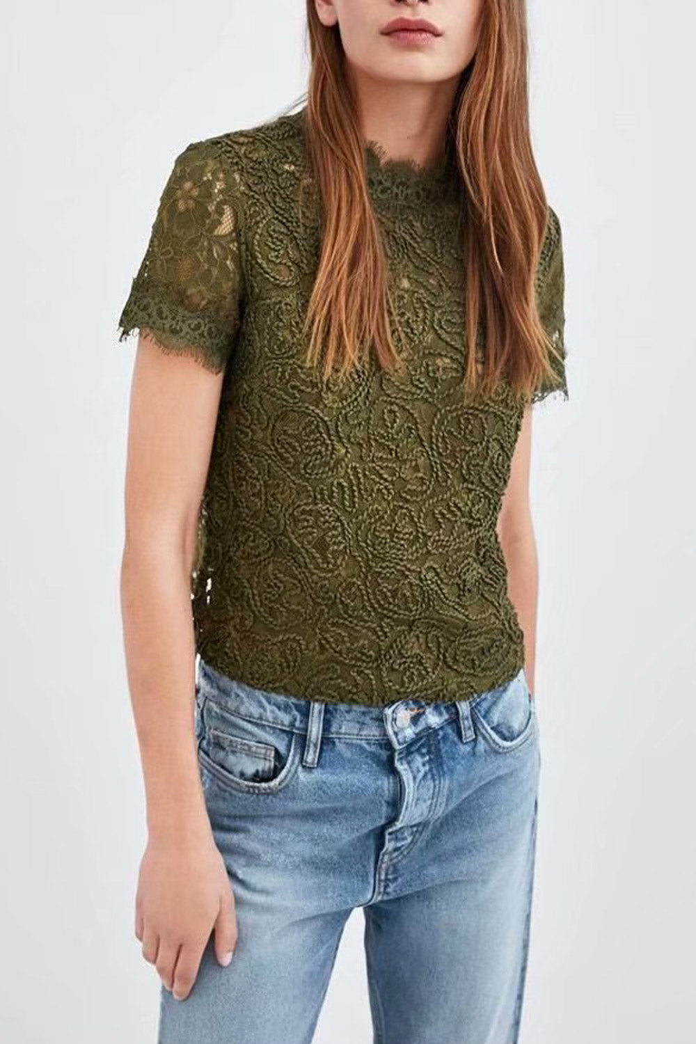 Women Loose Small Sleeve Solid Lace Shirt