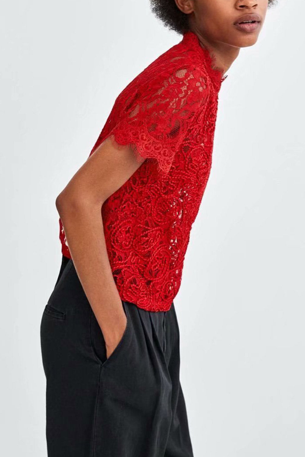 Women Loose Small Sleeve Solid Lace Shirt