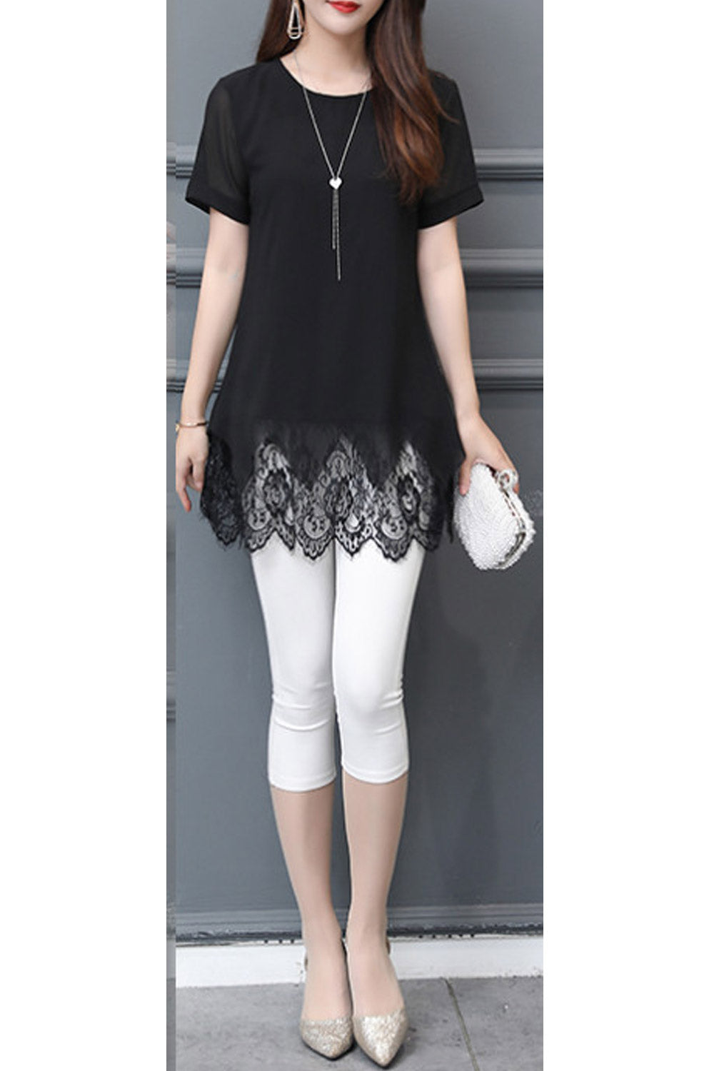 Women Lace Hem Short Sleeve Chiffon Top