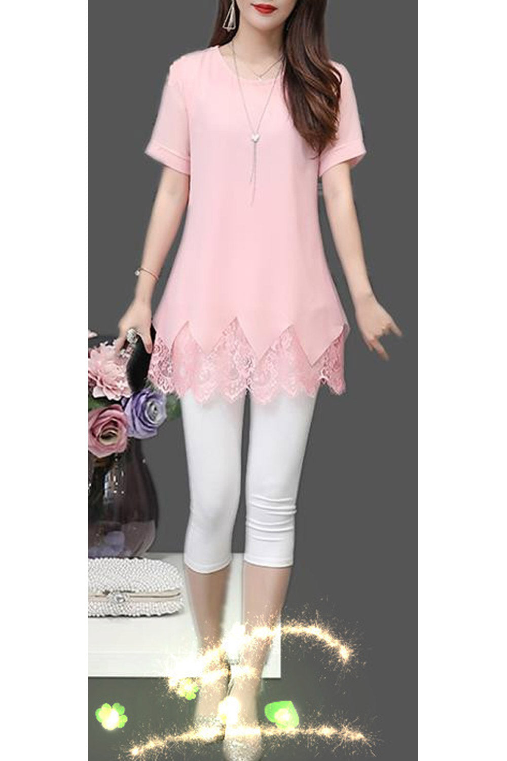 Women Lace Hem Short Sleeve Chiffon Top