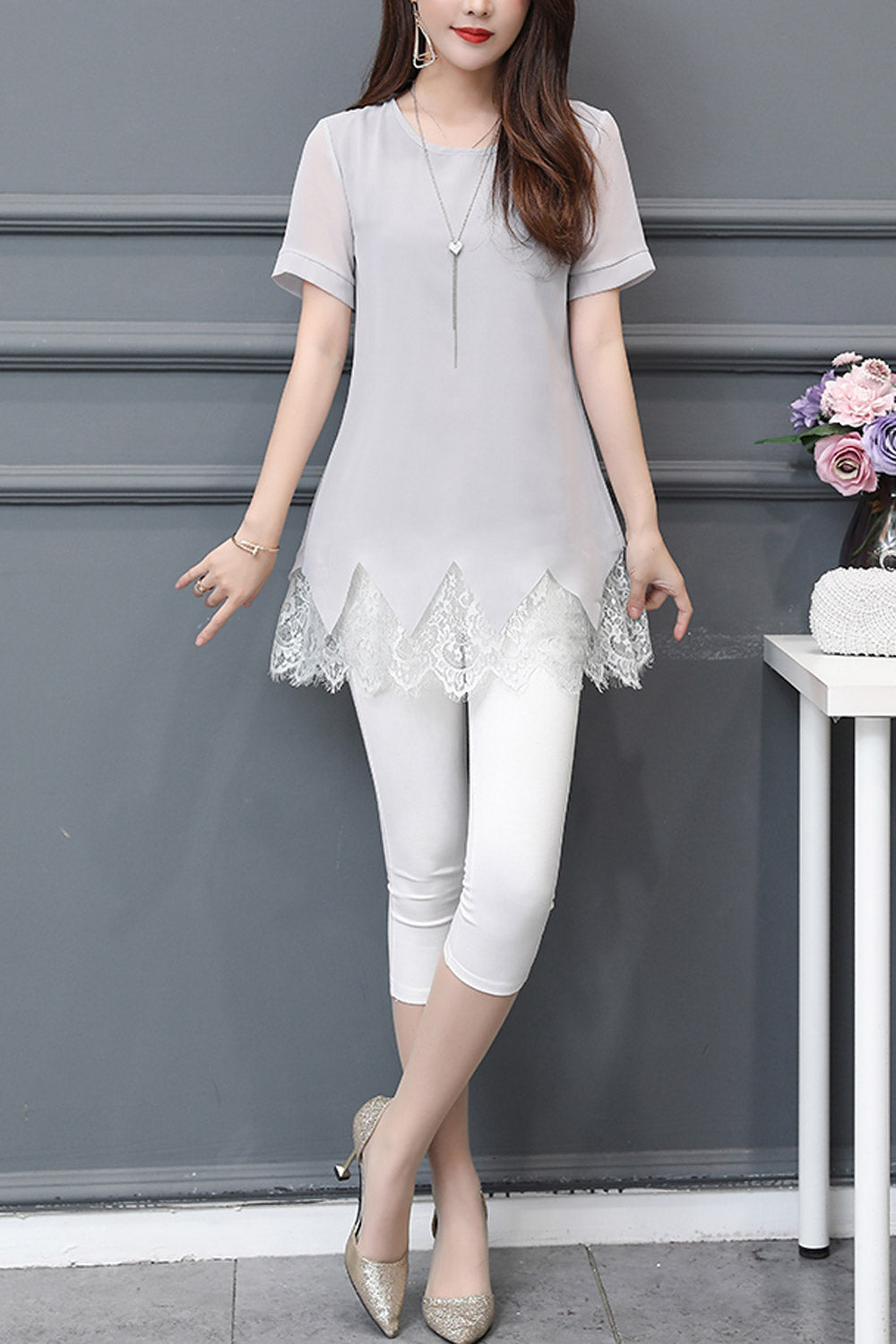 Women Lace Hem Short Sleeve Chiffon Top