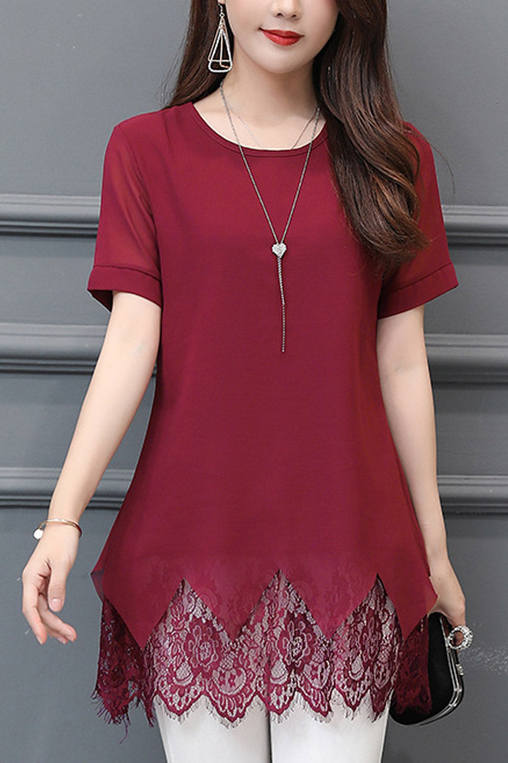 Women Lace Hem Short Sleeve Chiffon Top