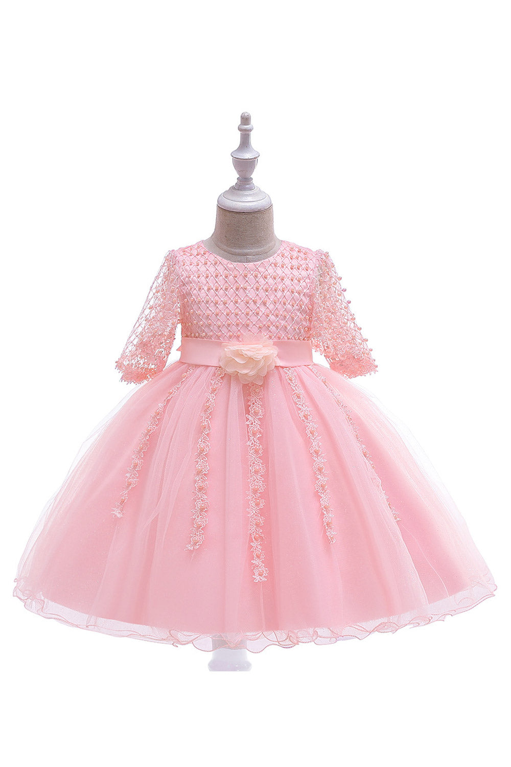 Kids Girls Pearl Lace Flower Waist Wedding Dress