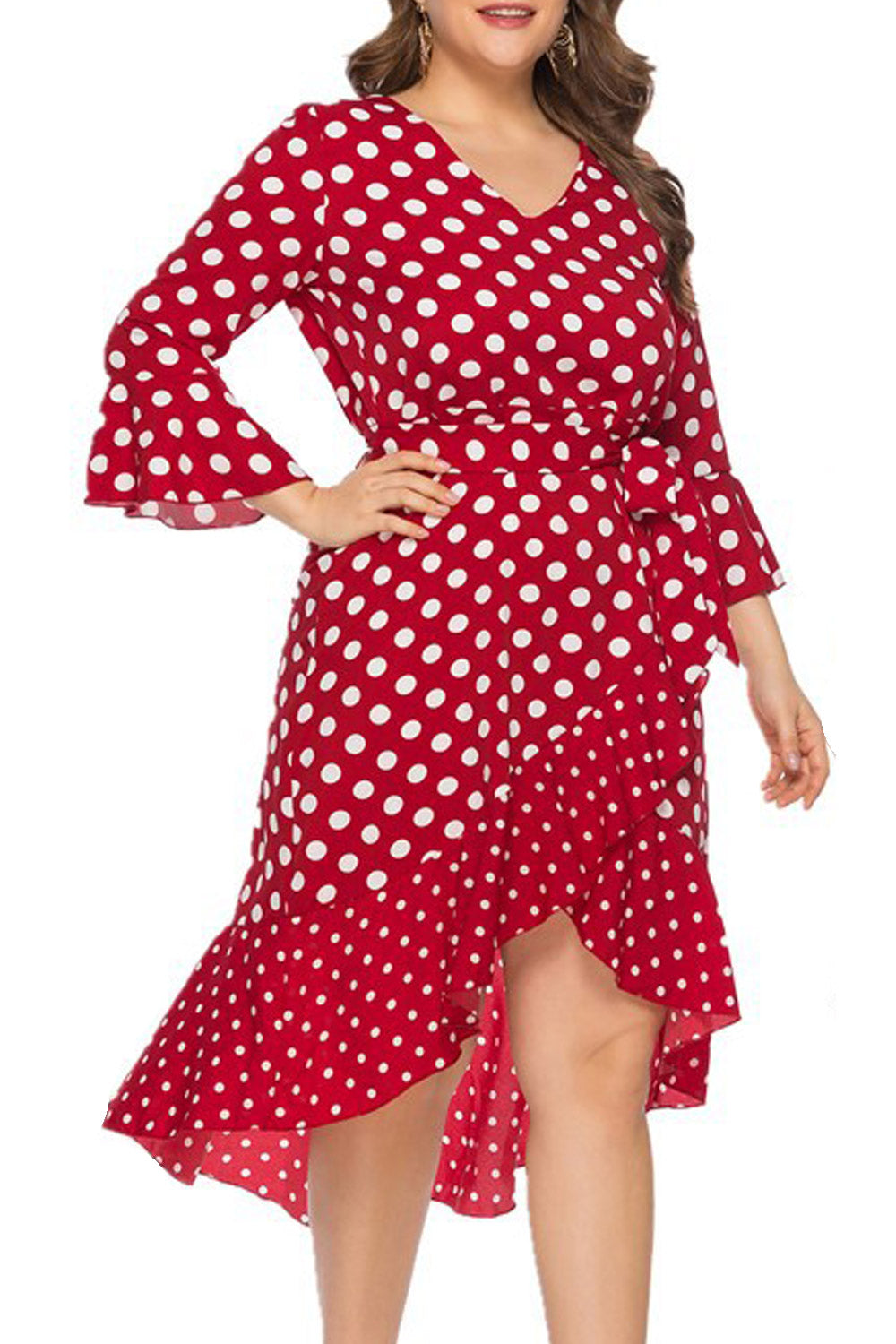 Women Plus Cloth Belt Polka Dot Summer Dress
