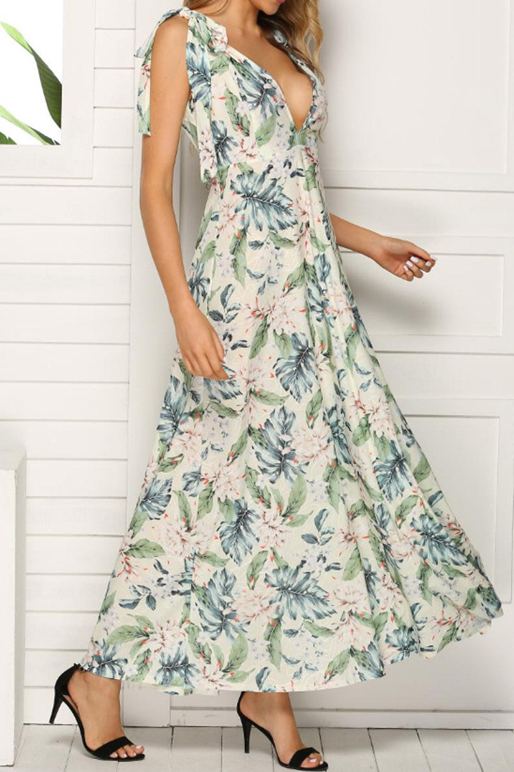 Women Tie Shoulder Deep Neck Long Floral Dress