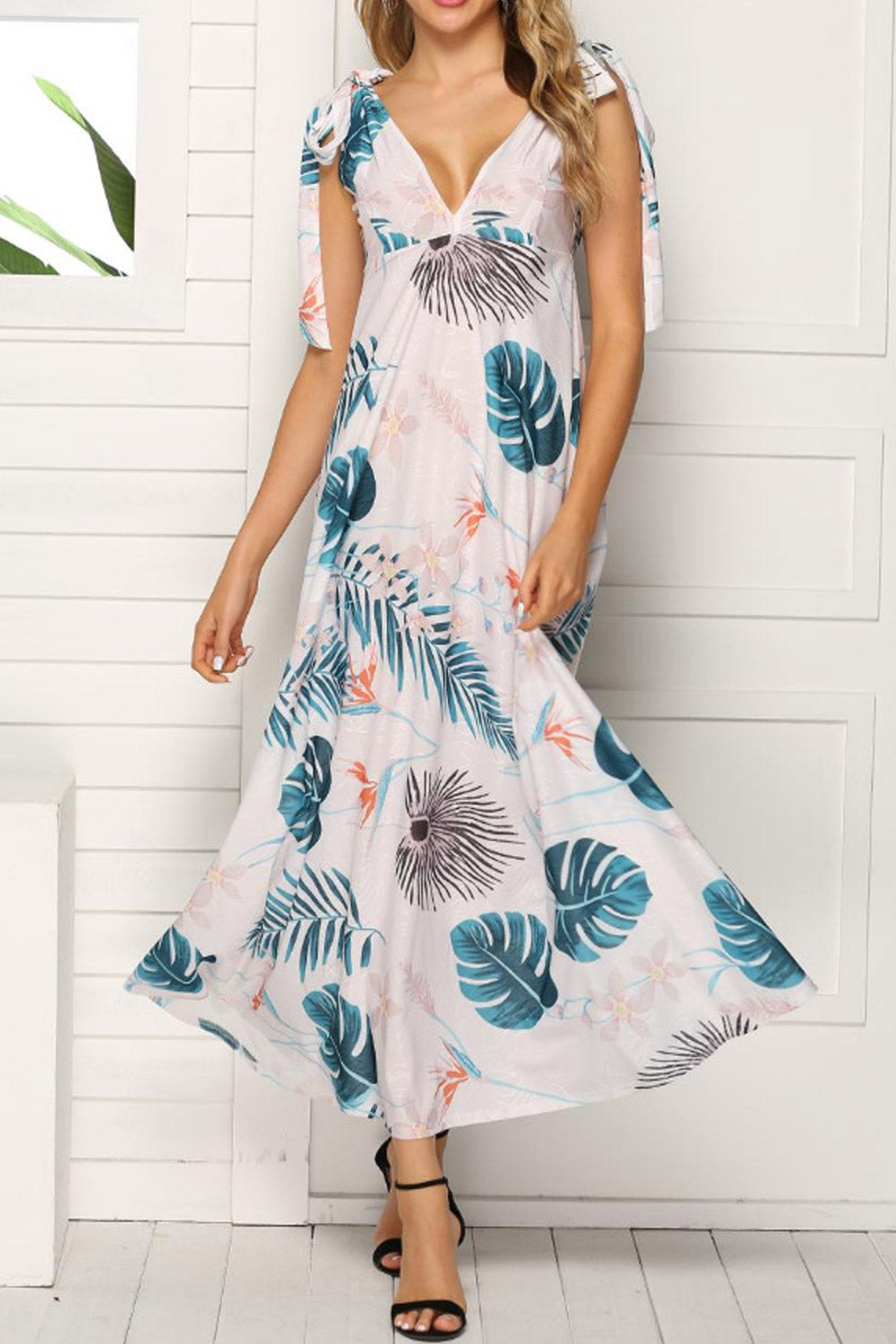 Women Tie Shoulder Deep Neck Long Floral Dress