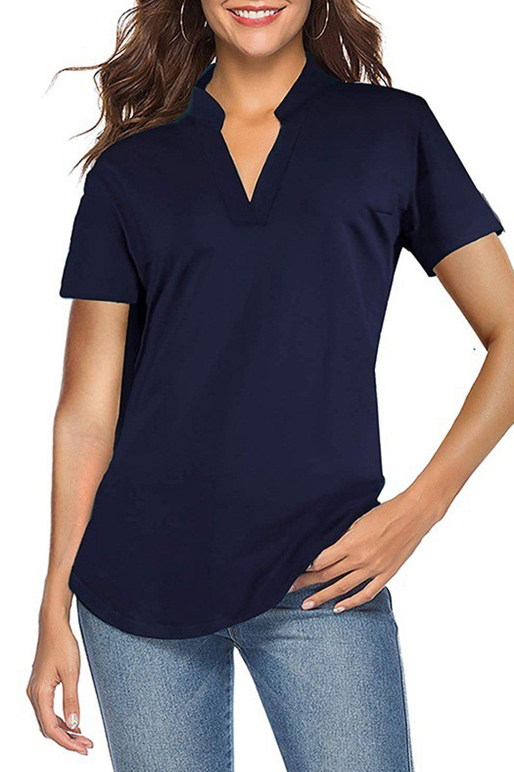 Women V-Neck Solid Pattern Summer Chiffon Blouse