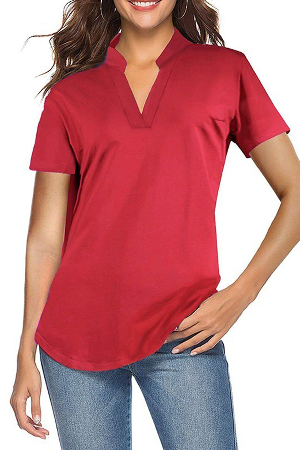 Women V-Neck Solid Pattern Summer Chiffon Blouse