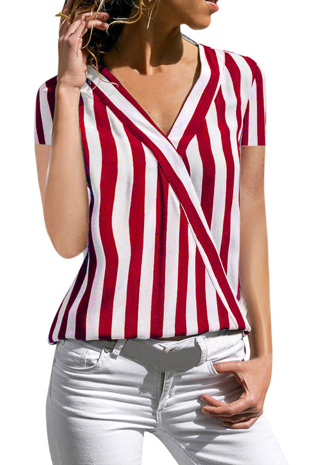 Women Thick Stripes Loose Wrap Blouse