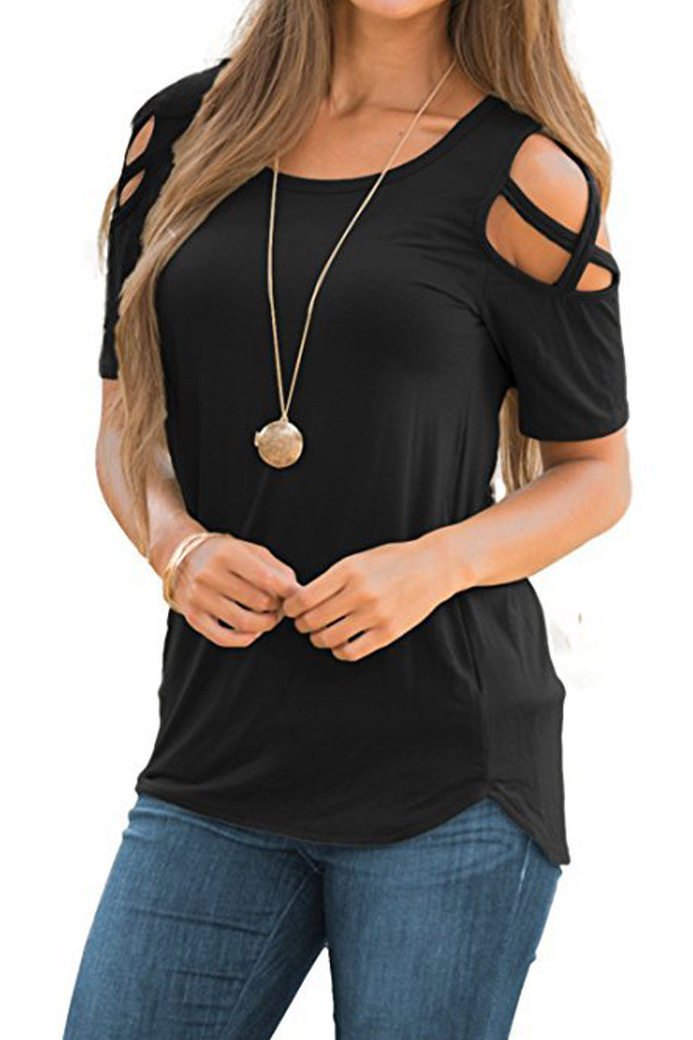 Women Round Neck Cold Shoulder Strap Blouse