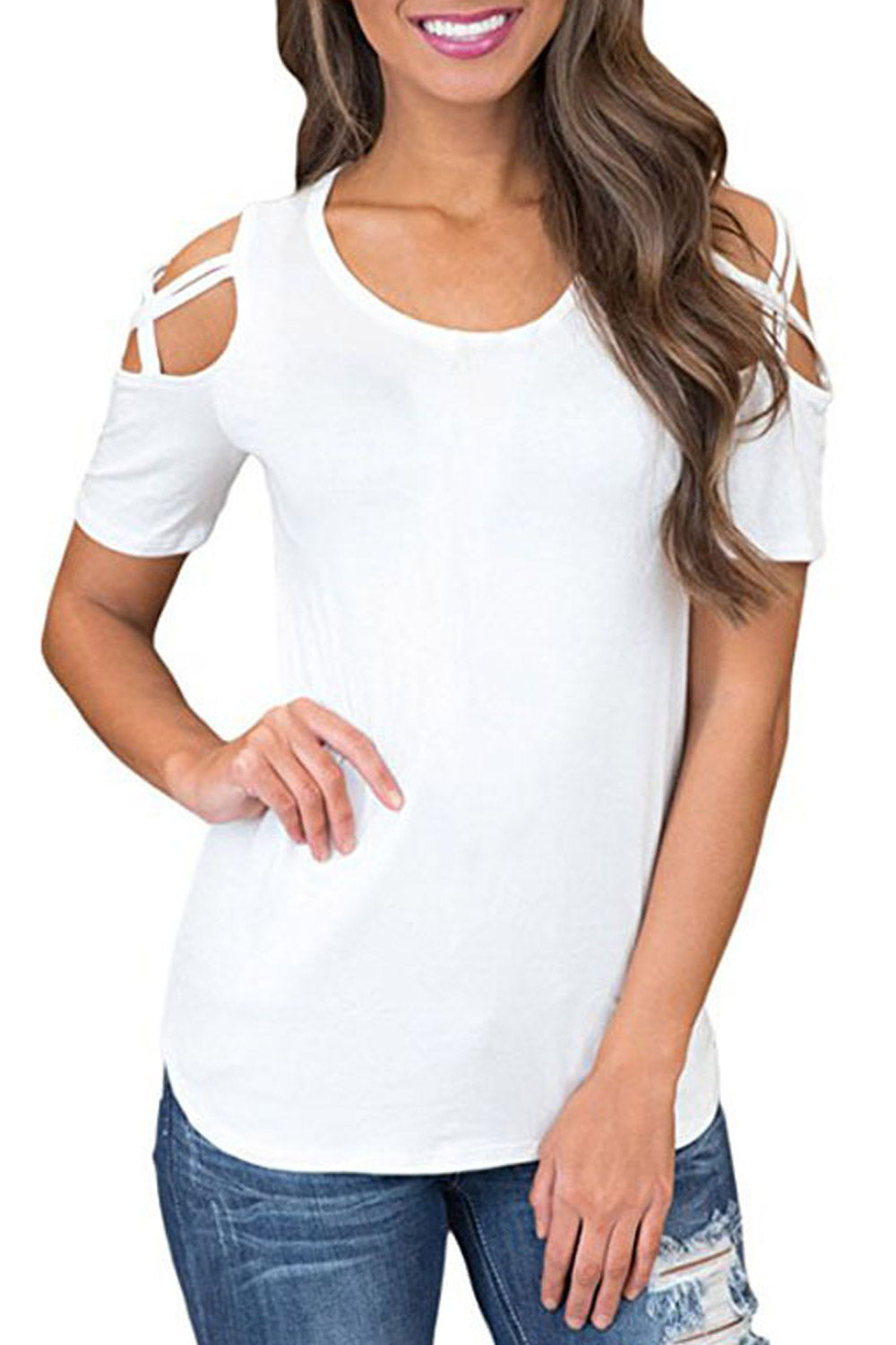 Women Round Neck Cold Shoulder Strap Blouse