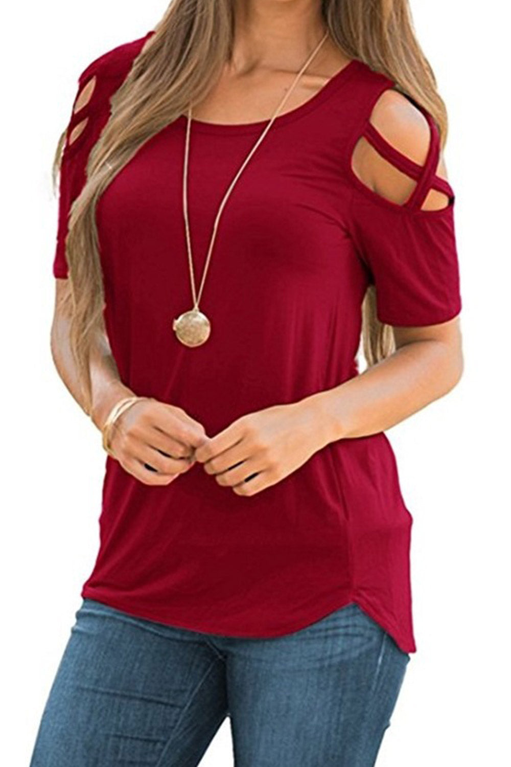 Women Round Neck Cold Shoulder Strap Blouse