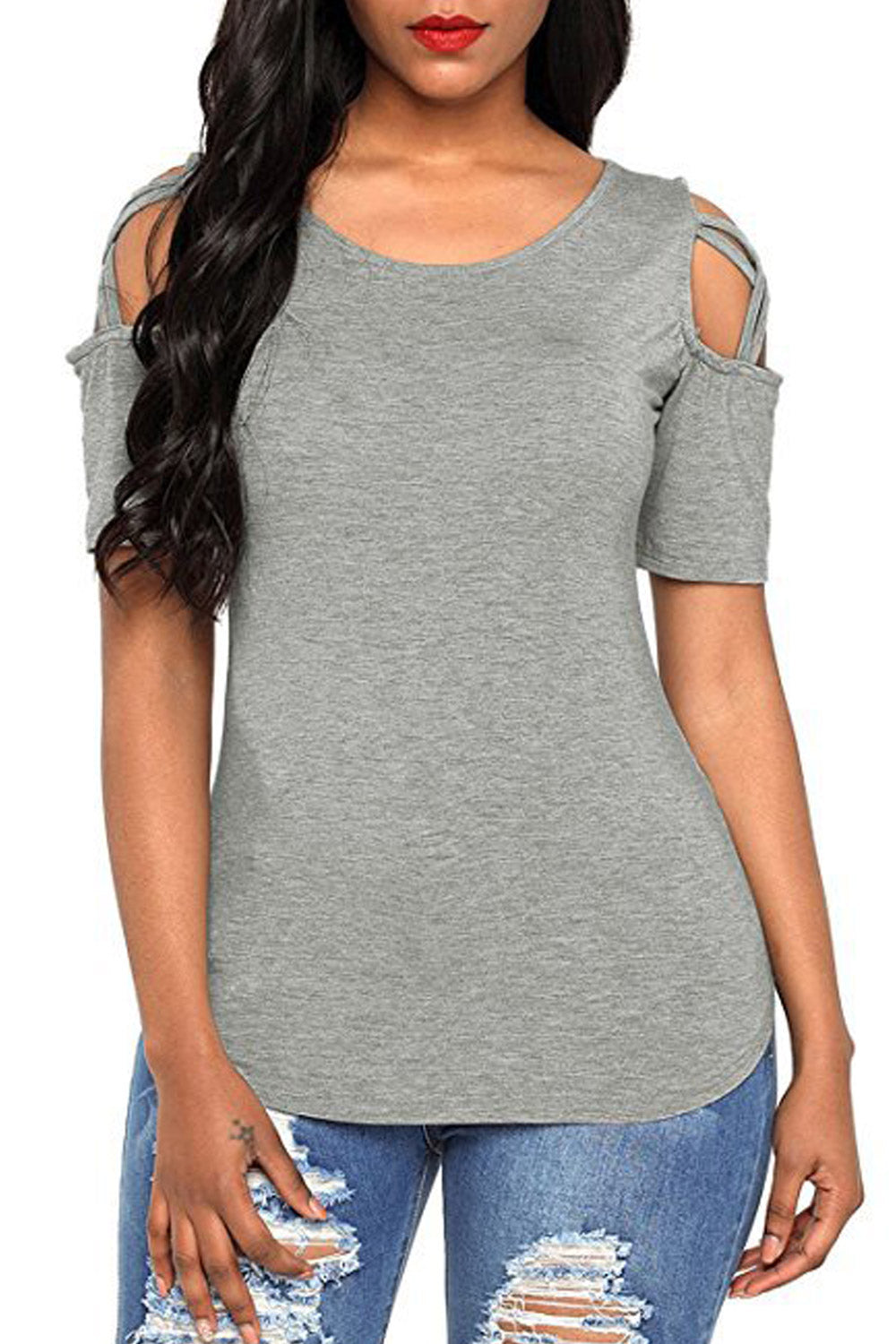 Women Round Neck Cold Shoulder Strap Blouse