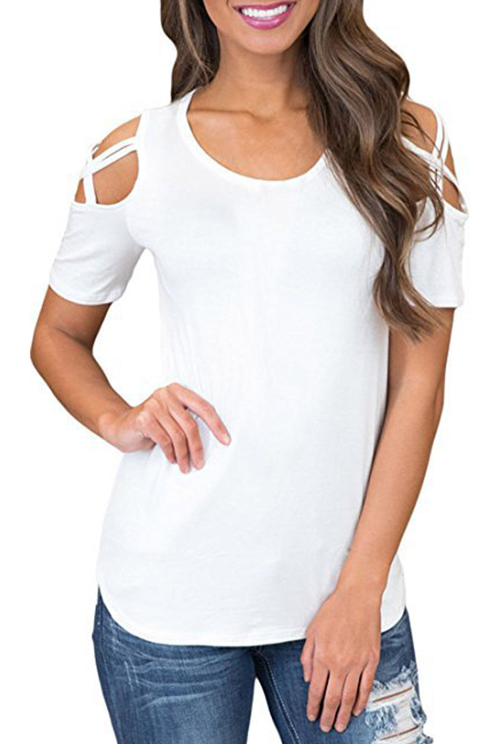 Women Round Neck Cold Shoulder Strap Blouse