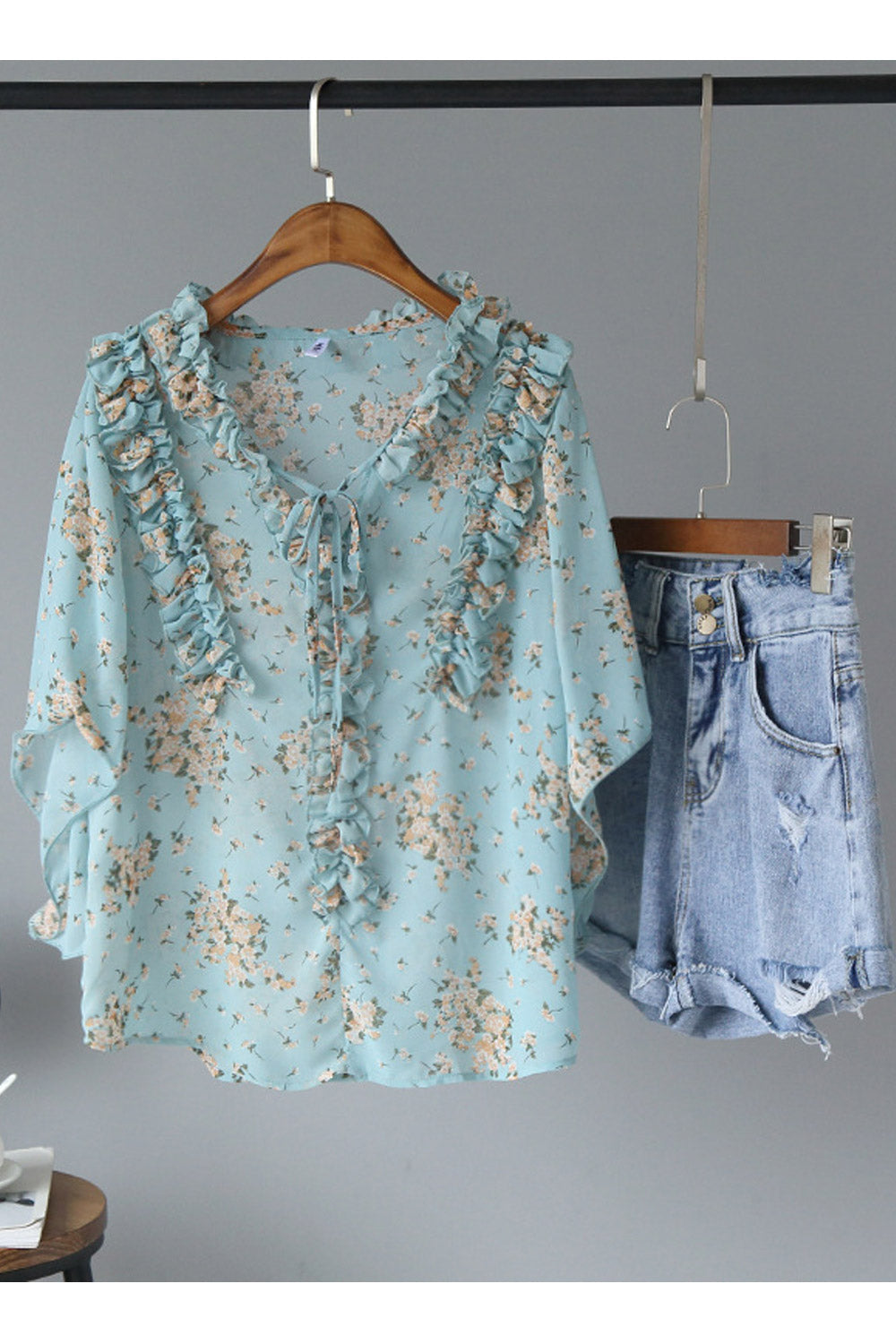 Women Casual Ruffle Decoration Printed Blouse
