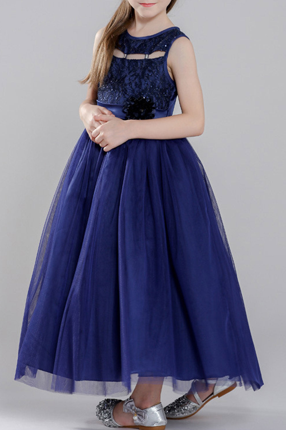 Kids Girls Beautiful Design Flower Waist Long Dress