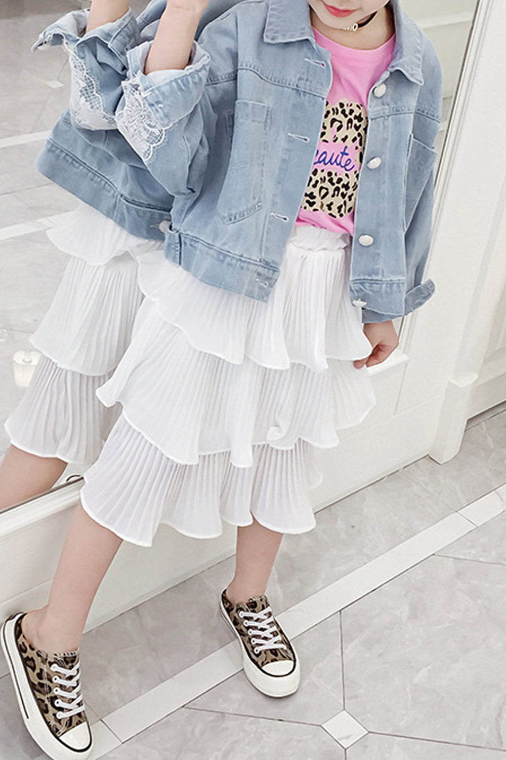 Kids Girls Lace Design Button Attached Denim Jacket