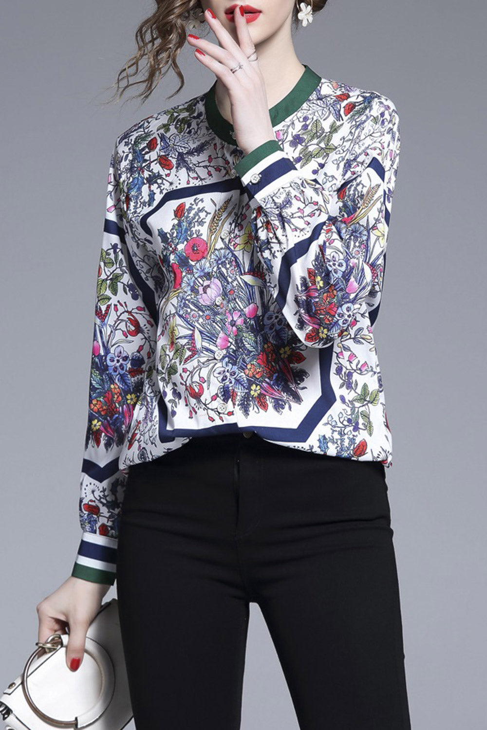 Women Small Collar Button Cuff Printed Top
