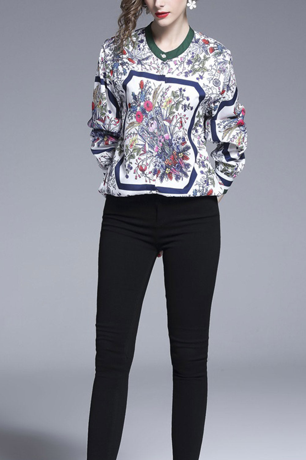Women Small Collar Button Cuff Printed Top