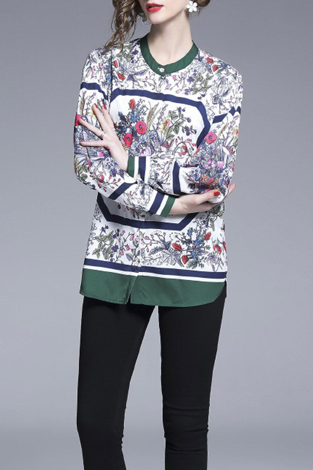 Women Small Collar Button Cuff Printed Top