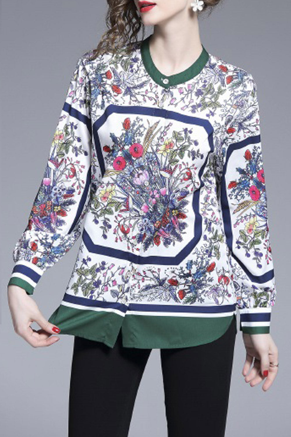 Women Small Collar Button Cuff Printed Top