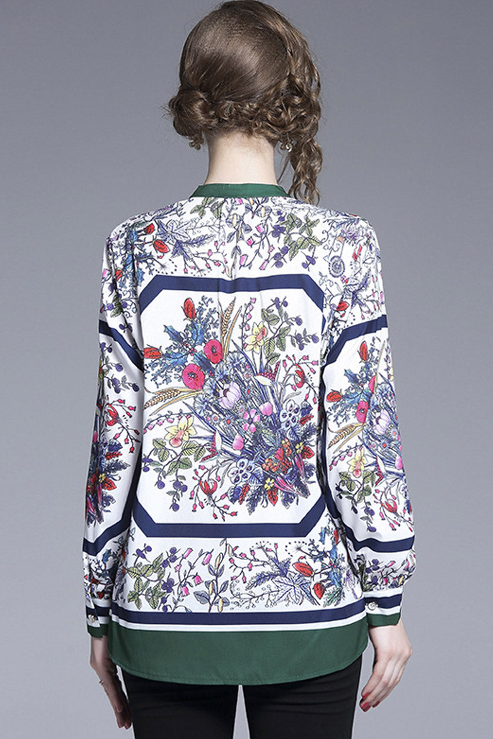 Women Small Collar Button Cuff Printed Top