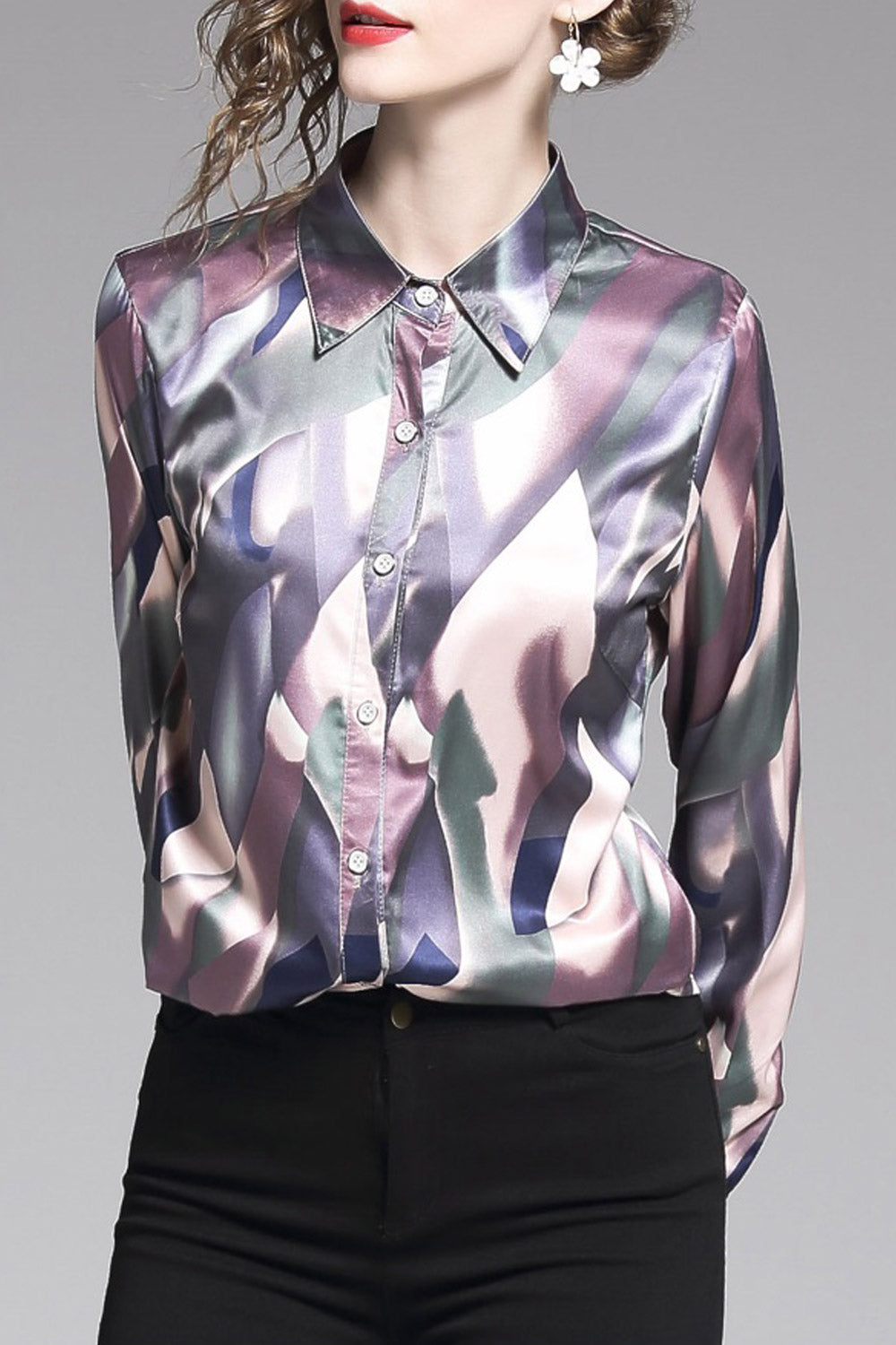 Women Loose Long Sleeve Button Down Top