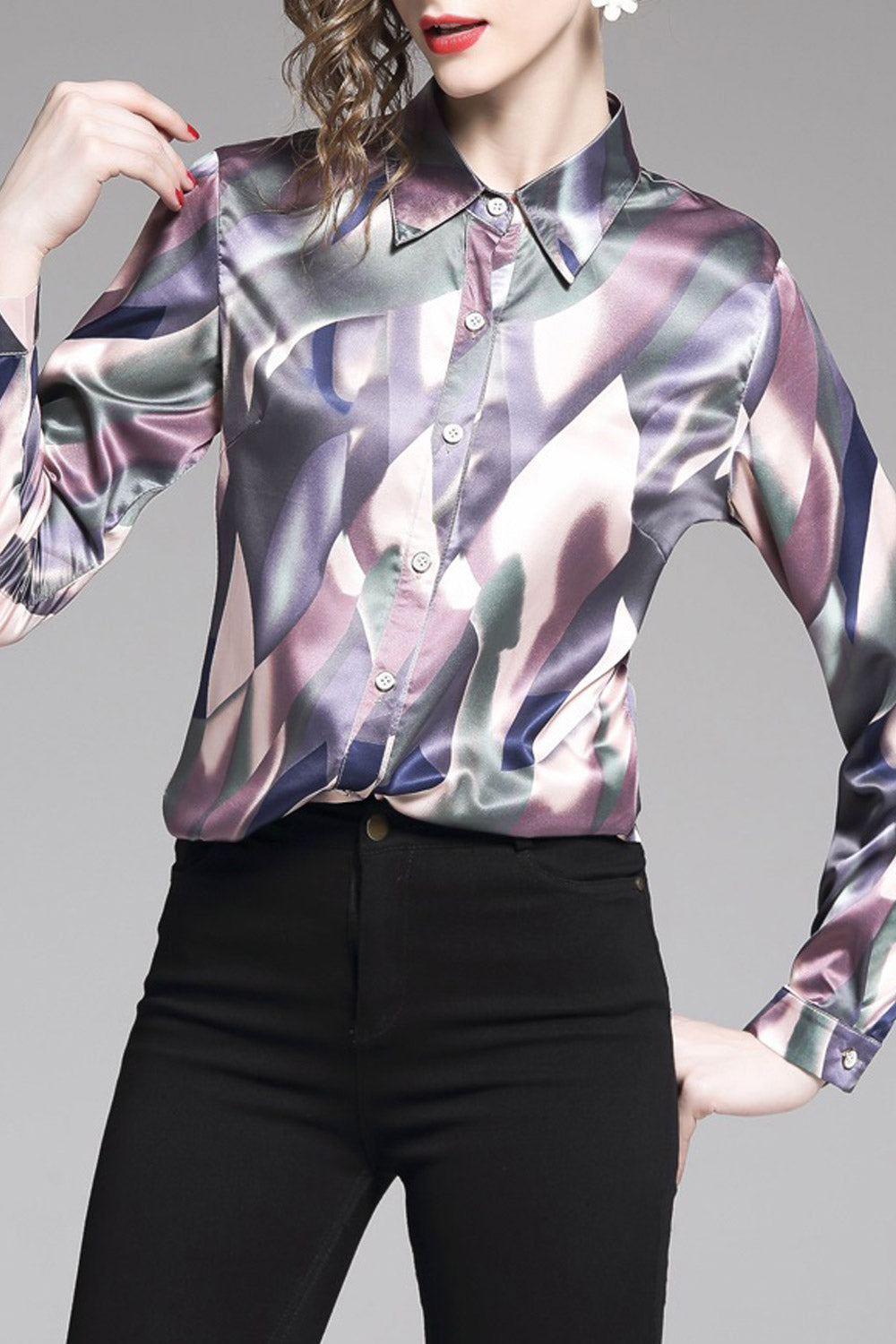 Women Loose Long Sleeve Button Down Top
