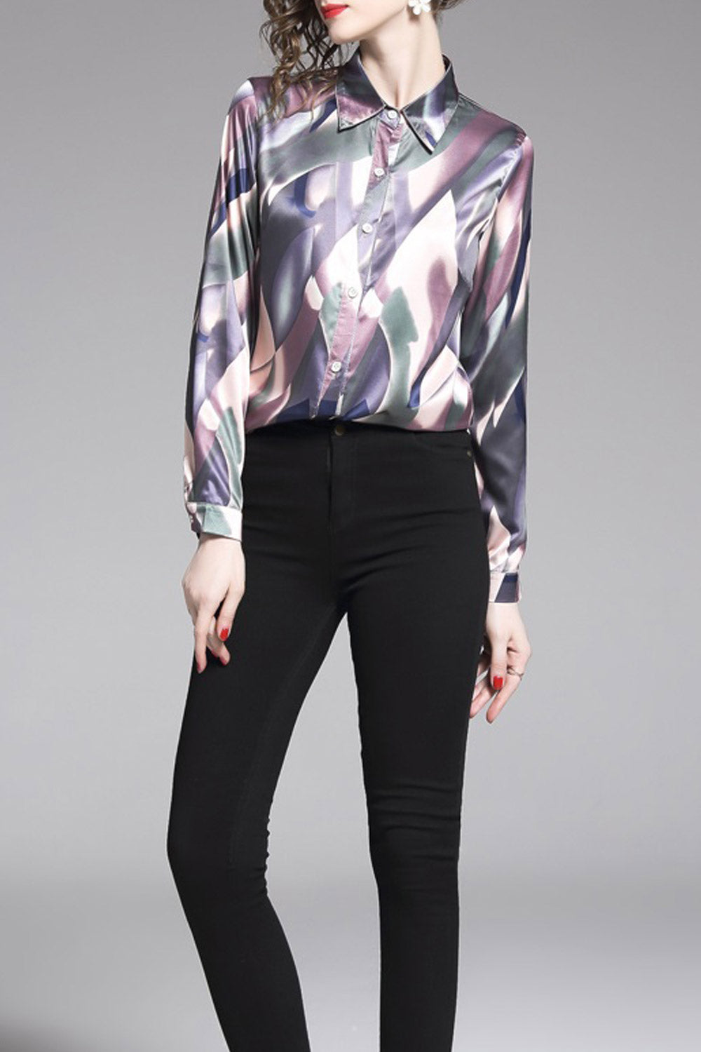 Women Loose Long Sleeve Button Down Top