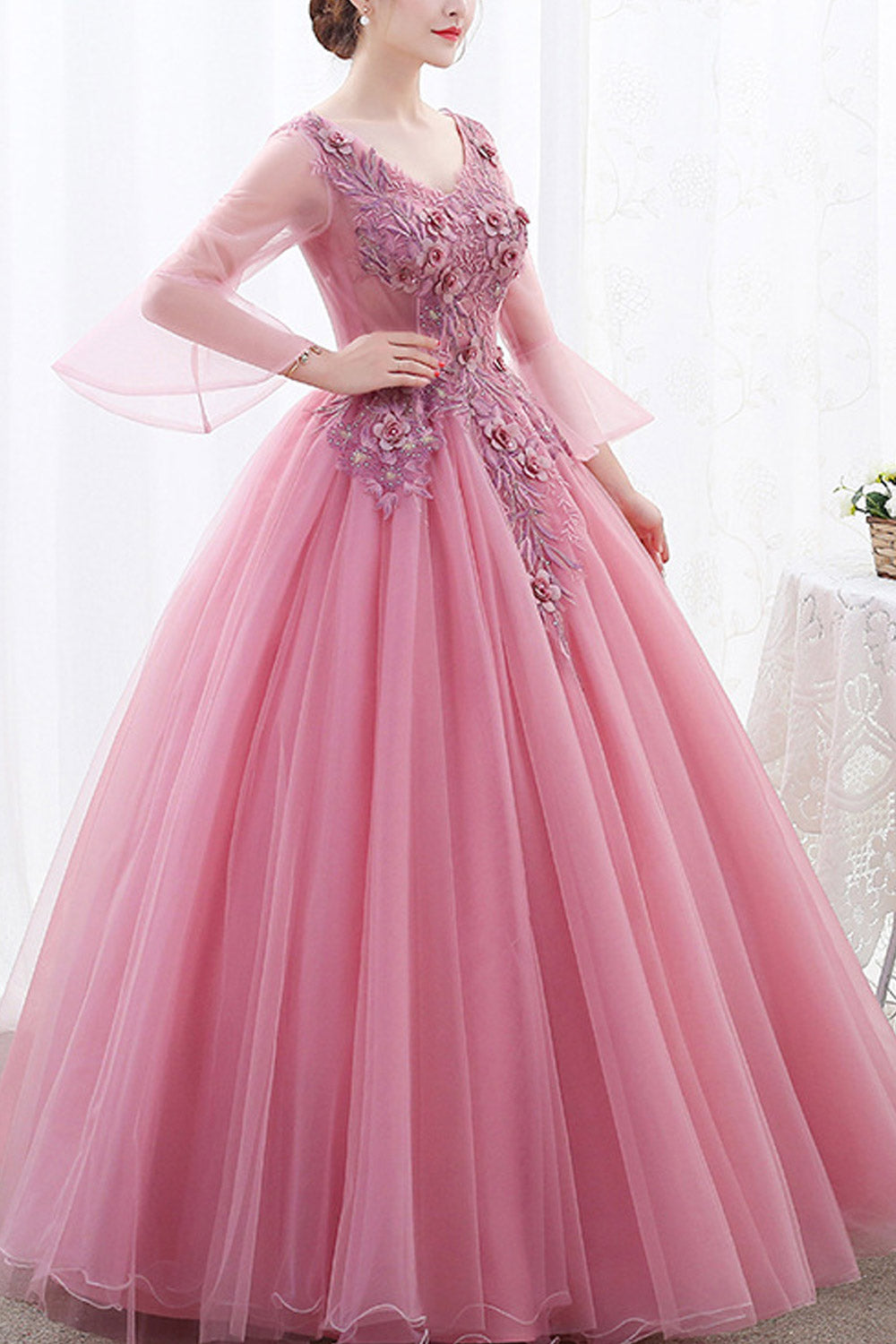 Women V-Neck Bell Sleeve Decorated Party Dress