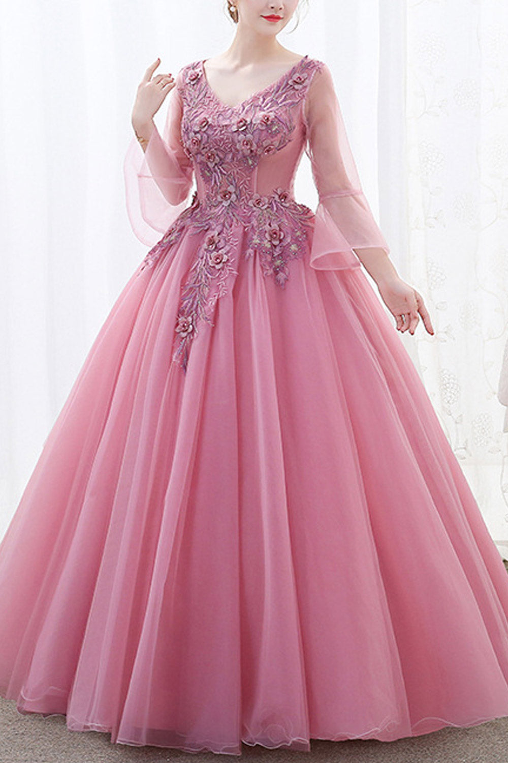 Women V-Neck Bell Sleeve Decorated Party Dress