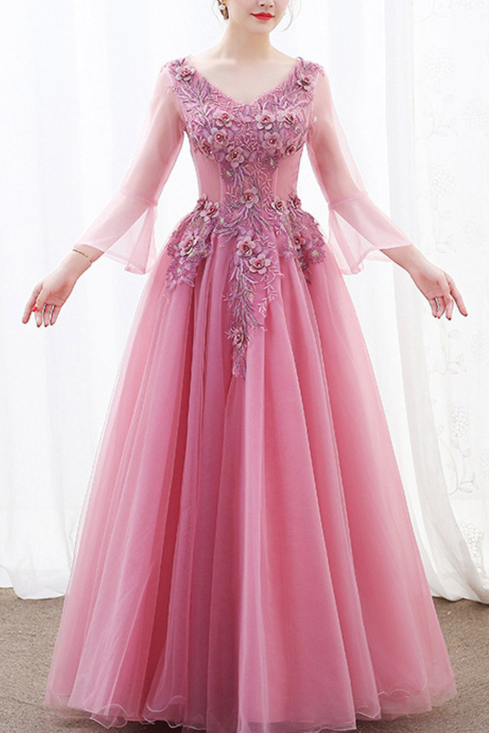 Women V-Neck Bell Sleeve Decorated Party Dress