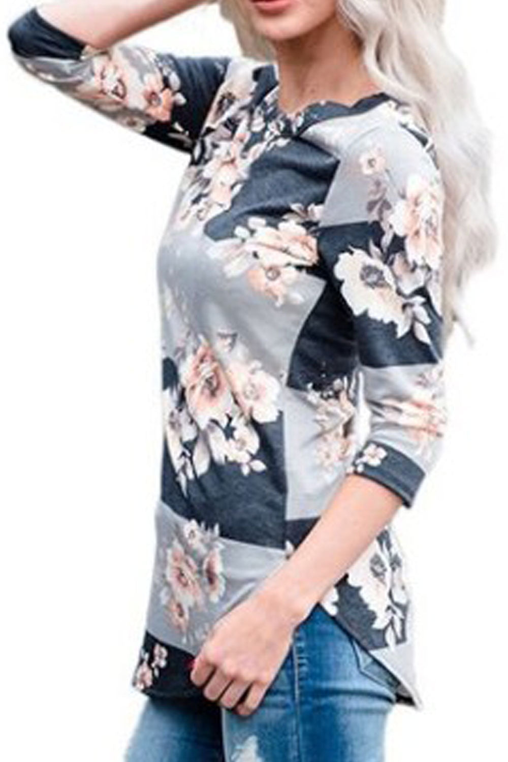 Women Floral Round Neck Top With Side Slit