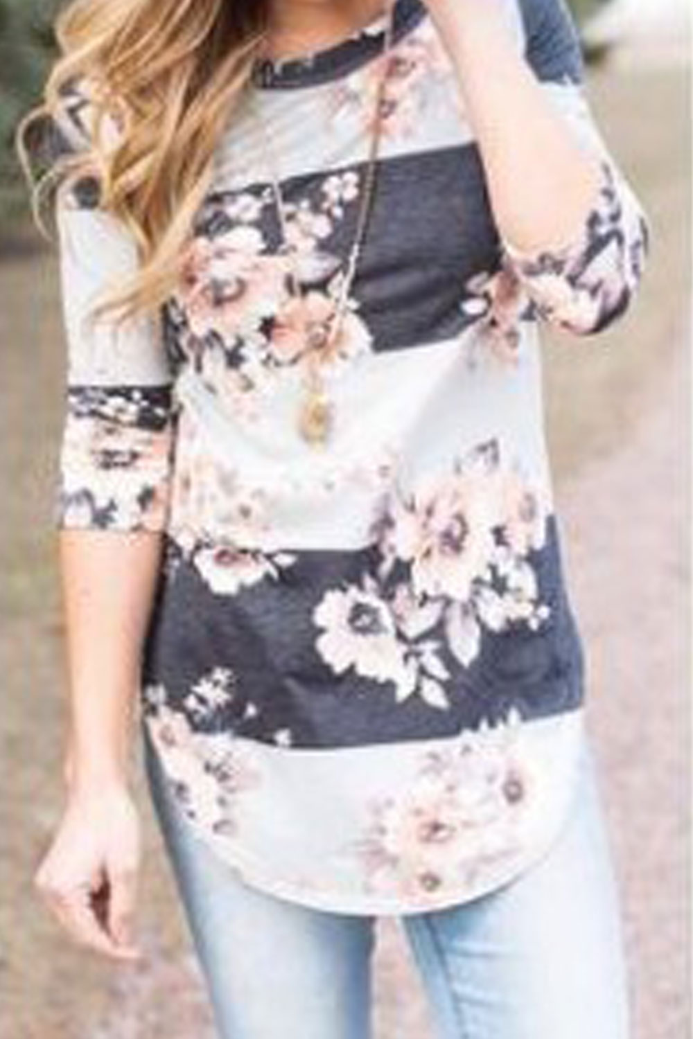 Women Floral Round Neck Top With Side Slit