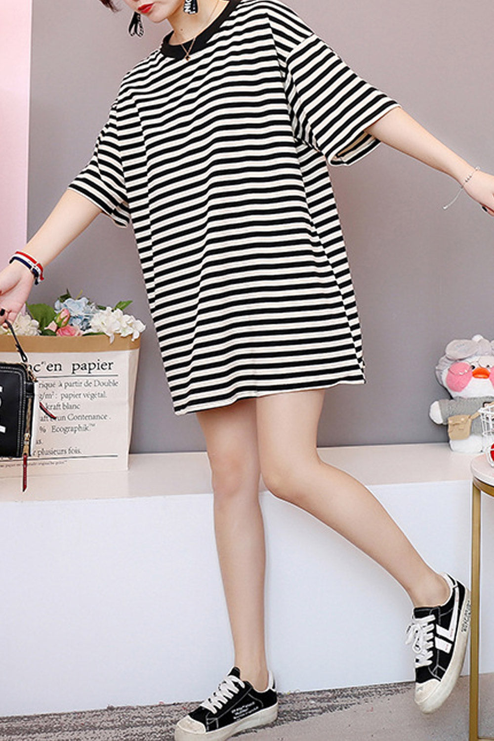 Women Striped Short Sleeved Loose T-Shirt