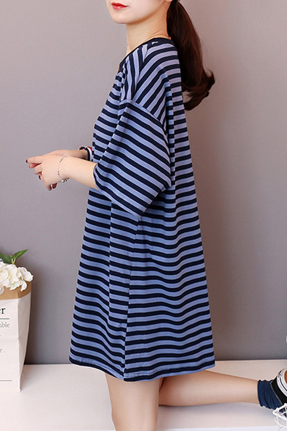 Women Striped Short Sleeved Loose T-Shirt
