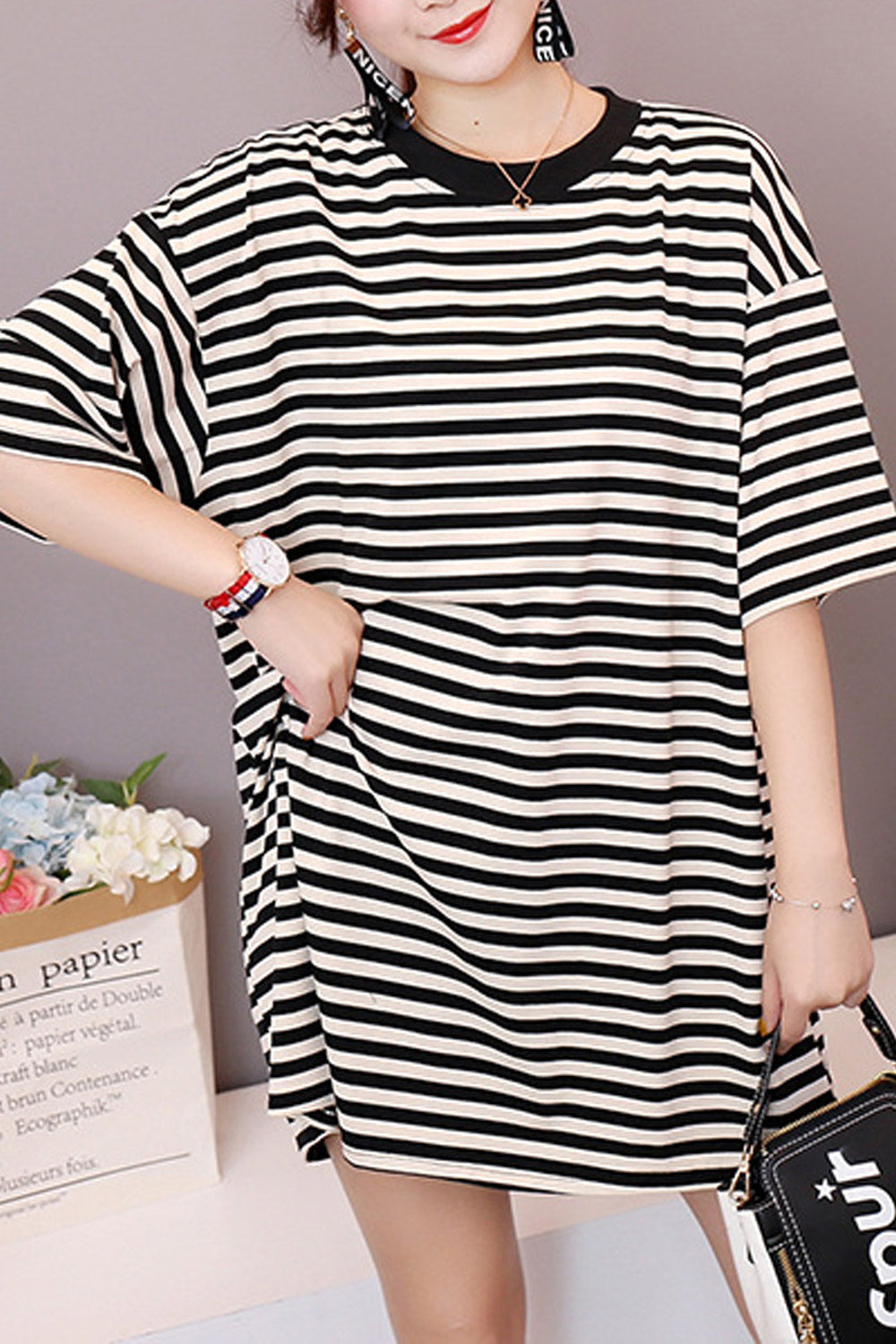 Women Striped Short Sleeved Loose T-Shirt