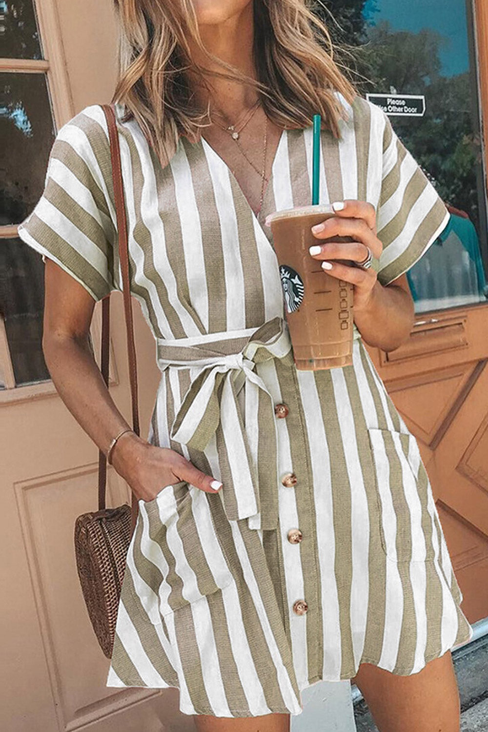 Women Striped Waist Tie Button Dress
