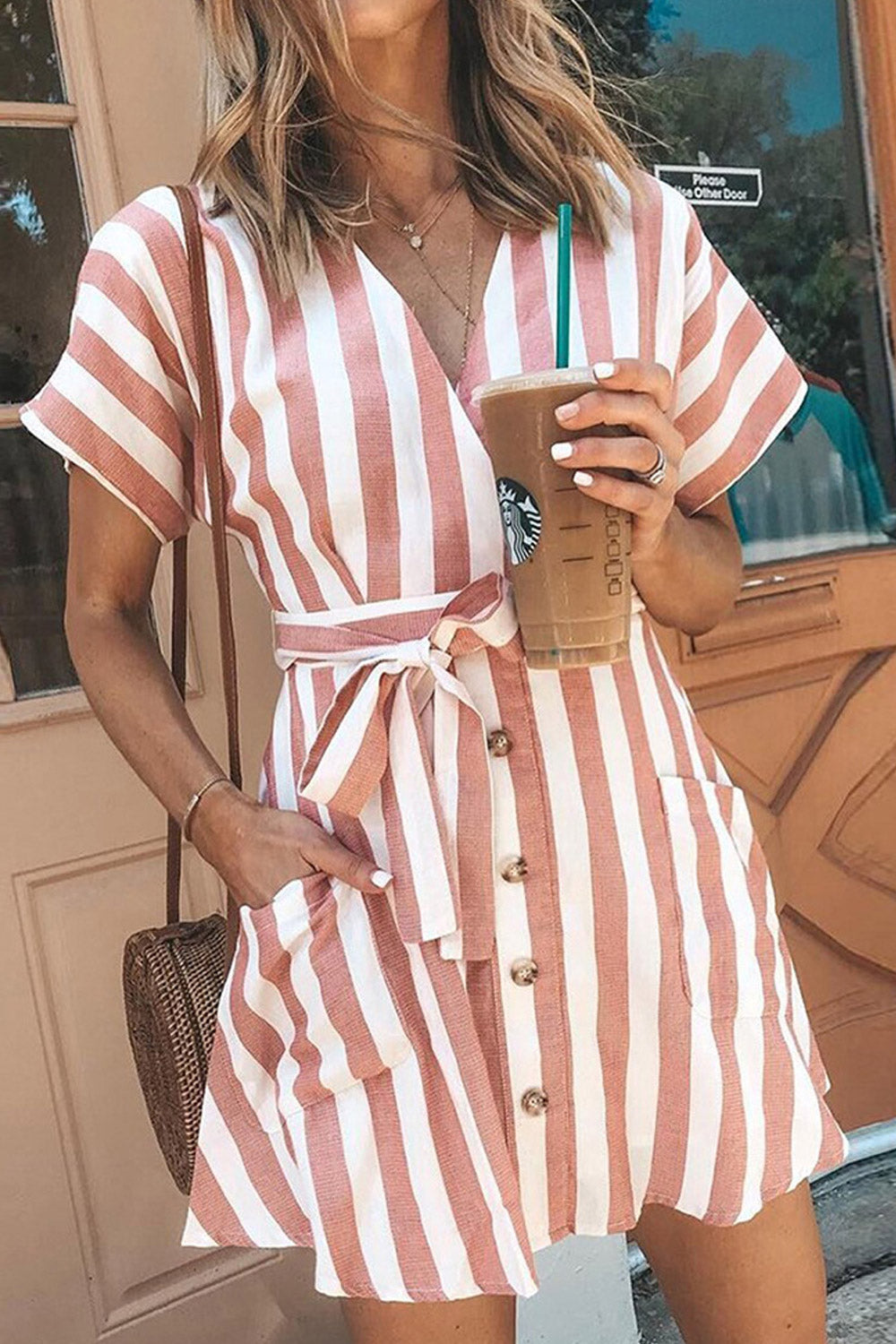 Women Striped Waist Tie Button Dress