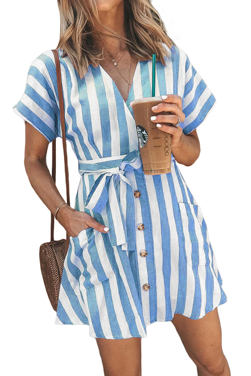 Women Striped Waist Tie Button Dress